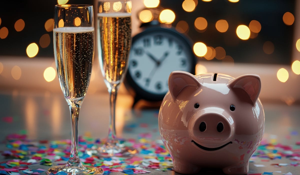 Piggy bank for new year financial planning next to champagne. 