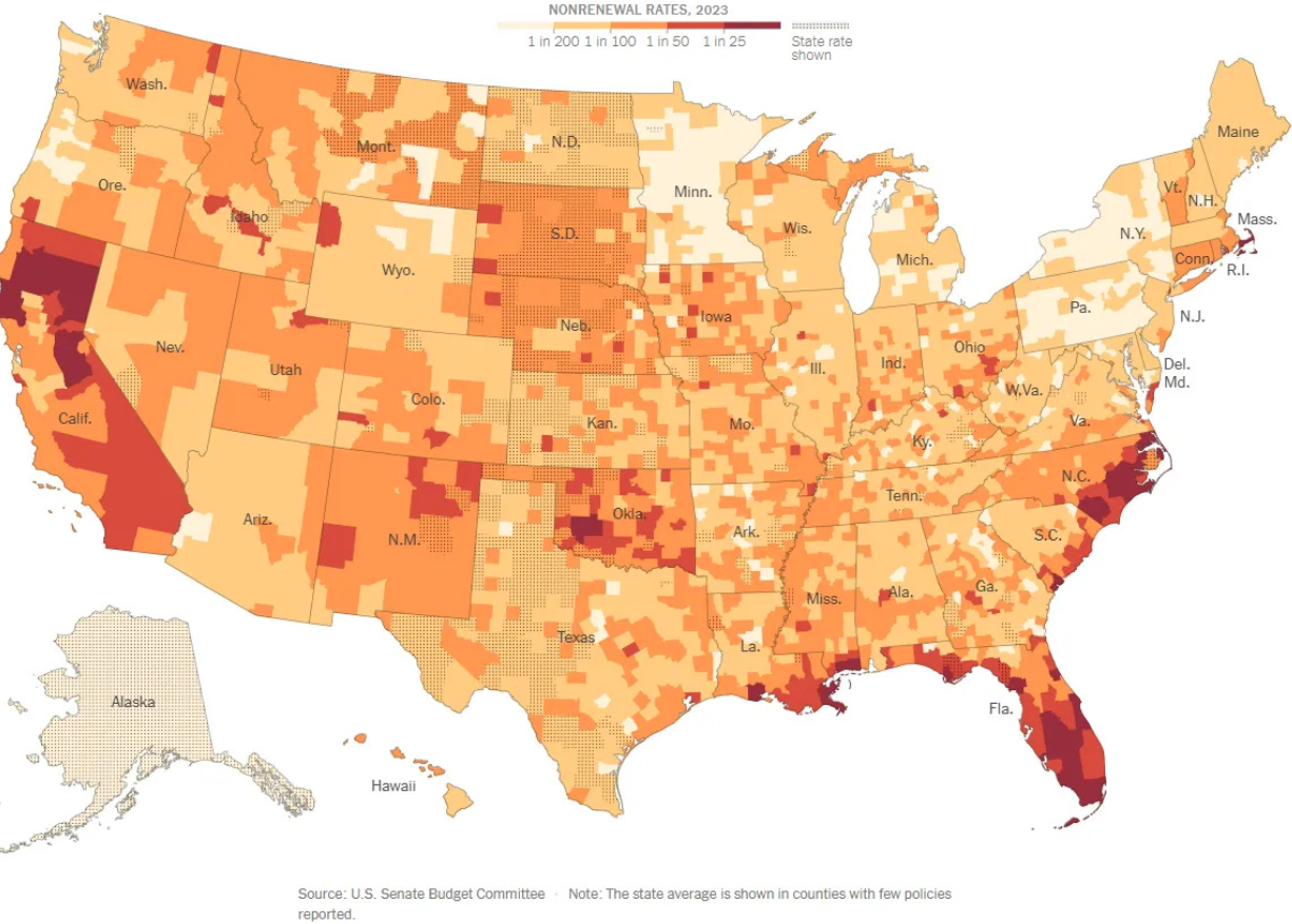  Map of US with orange highlights from light to dark with the darker the shade indicates the higher number of insurance non-renewals. Map of the US with blue highlights from light to dark illustrating the 3-year insurance premium change with the darker the shade indicating the higher the increase.