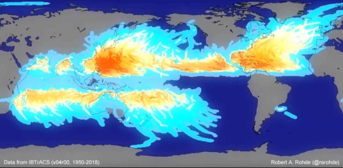 Flat map of the world, tracking all hurricanes from 1950 to 2018, with storm intensity designated by color, from lower (blue) to higher (red).