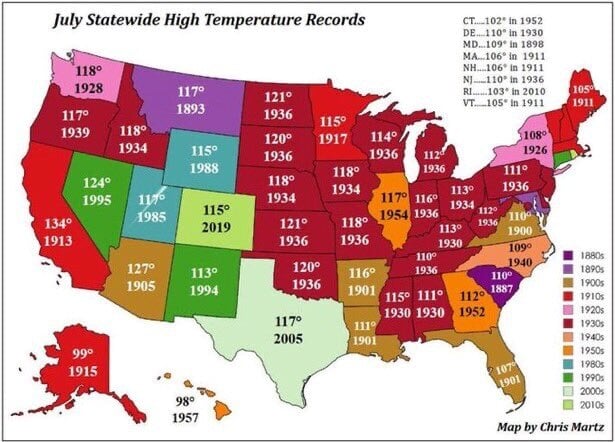 Map of the United States with temperature and year numbers, Florida's highest is 107 in 1901.