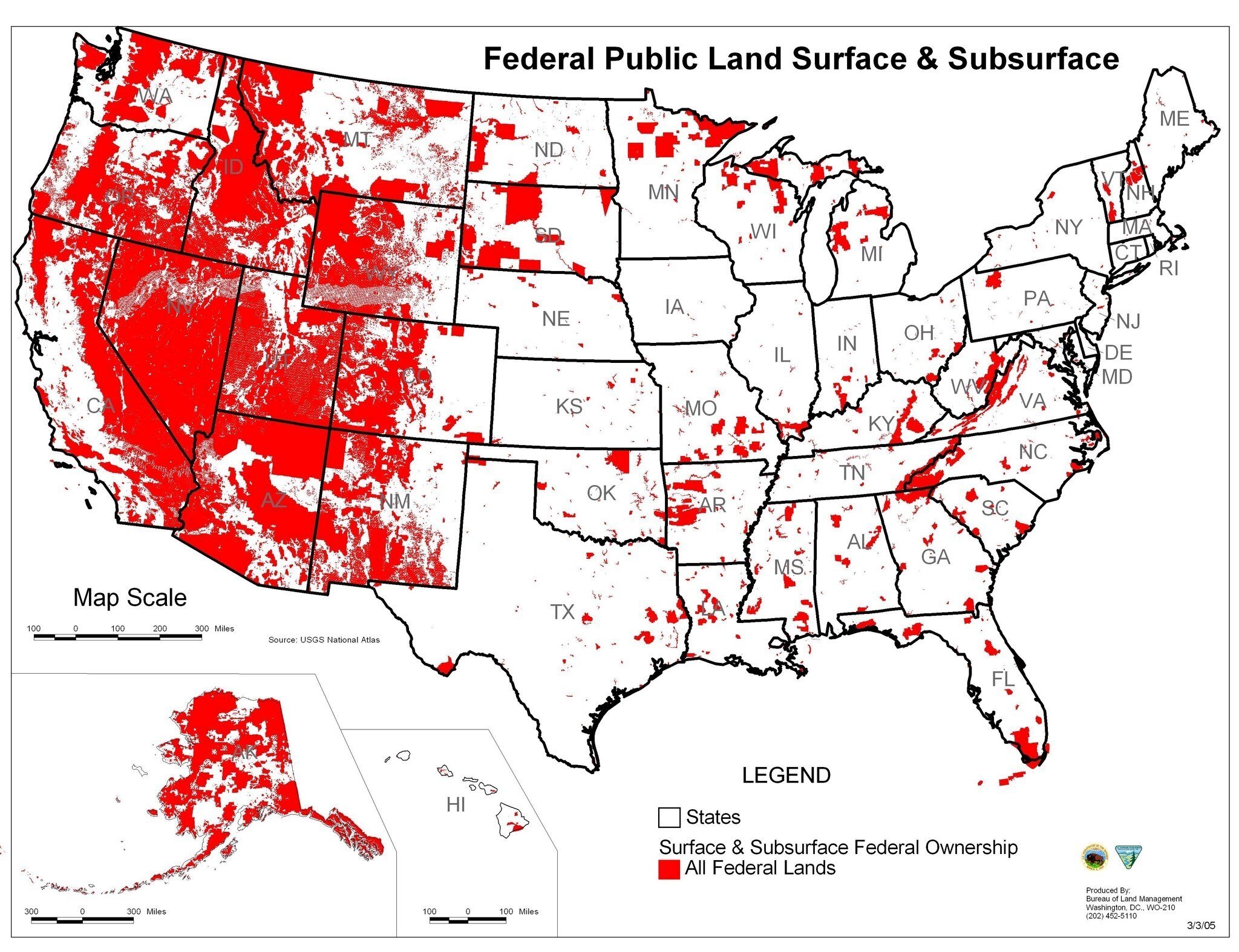 Map of the United States, with area of federally owned land colored in red and state-owned land in white.