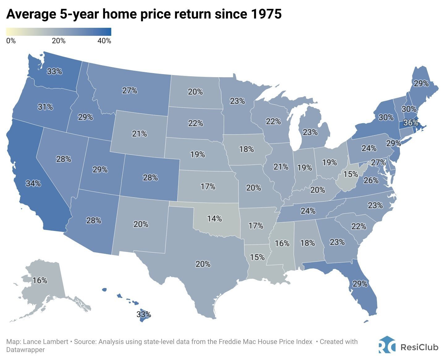 Blue map of the united states showing return on investment of homes